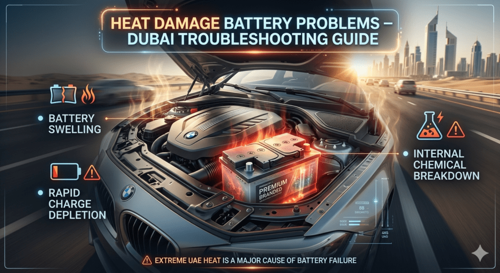 Infographic showing car battery heat damage problems in Dubai including swelling, rapid charge loss, and internal chemical breakdown in a luxury car engine bay.