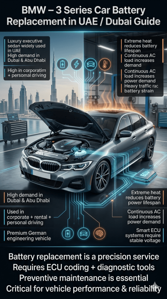 Infographic showing BMW 3 Series luxury sedan with highlighted battery system, explaining UAE climate impact, battery replacement importance, ECU dependency, and smart electronic system requirements in Dubai conditions.