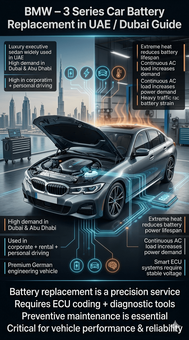 Infographic showing BMW 3 Series luxury sedan with highlighted battery system, explaining UAE climate impact, battery replacement importance, ECU dependency, and smart electronic system requirements in Dubai conditions.