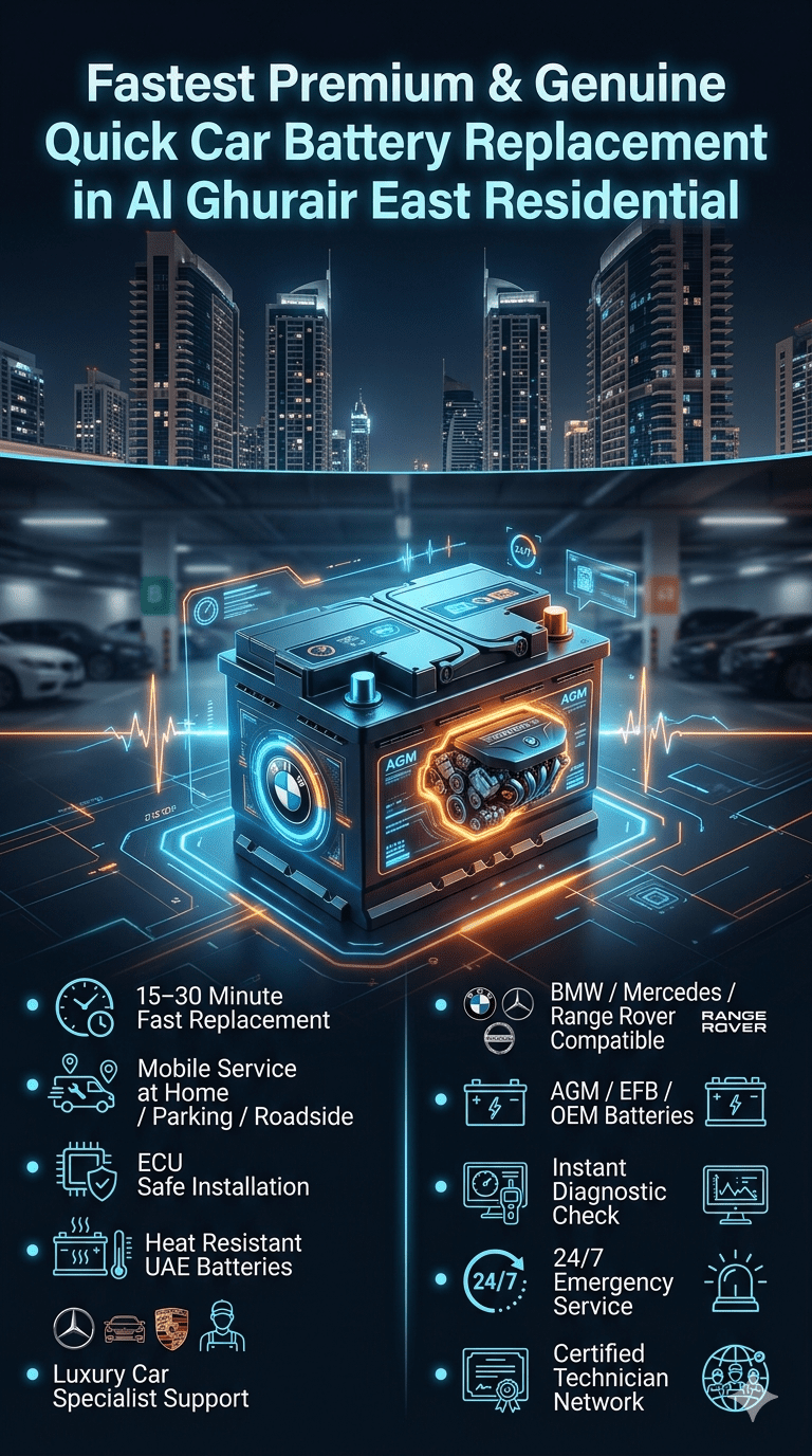 Fastest Premium & Genuine Quick Car Battery Replacement service infographic showing luxury car battery, Dubai residential background, and emergency mobile battery replacement features with AI diagnostic style layout.