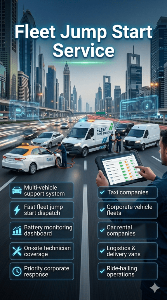 Fleet jump start service in Dubai showing technician providing battery boost support for multiple corporate, taxi, and rental vehicles with digital fleet monitoring dashboard and business district background.