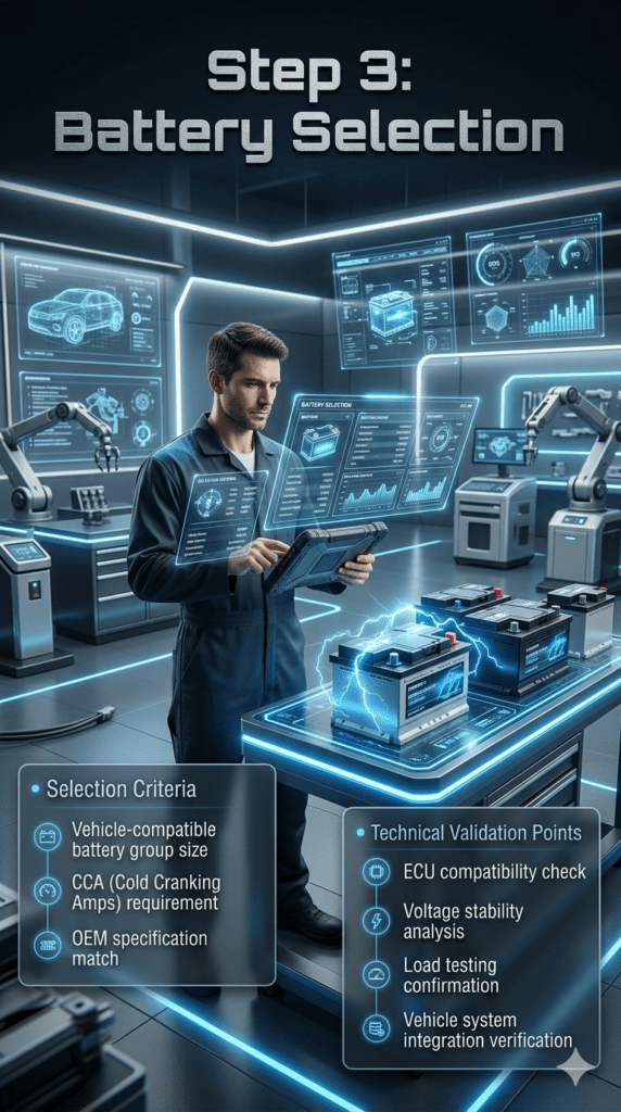 Step 3: Battery Selection Process Automotive technician selecting compatible car battery using diagnostic tablet with holographic specs showing CCA, group size, and OEM requirements in a modern workshop.