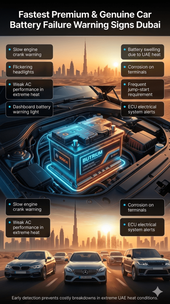 Premium automotive infographic showing car battery failure warning signs in Dubai with a glowing luxury battery in the center and diagnostic warning points on both sides in a futuristic UI layout.