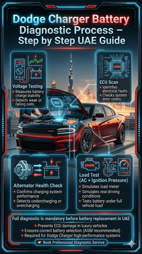 Futuristic Dodge Charger diagnostic scene in Dubai workshop showing voltage testing, alternator check, ECU scan, and load test with holographic automotive interface and battery system analysis.