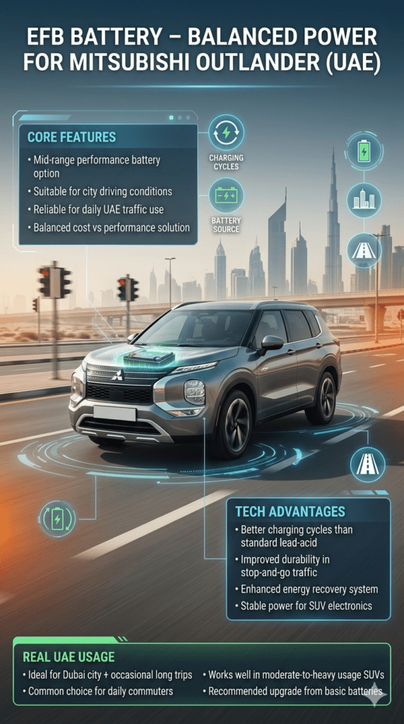 Mitsubishi Outlander EFB battery infographic showing mid-range performance battery suited for Dubai city driving, enhanced charging cycles, and balanced SUV power system in urban UAE environment.