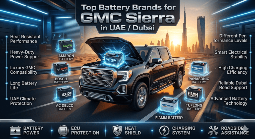 Luxury GMC Sierra infographic in Dubai showing popular battery brands including Amaron, Bosch, Exide, AC Delco, Panasonic, FIAMM, and Tuflong with futuristic battery technology visuals.