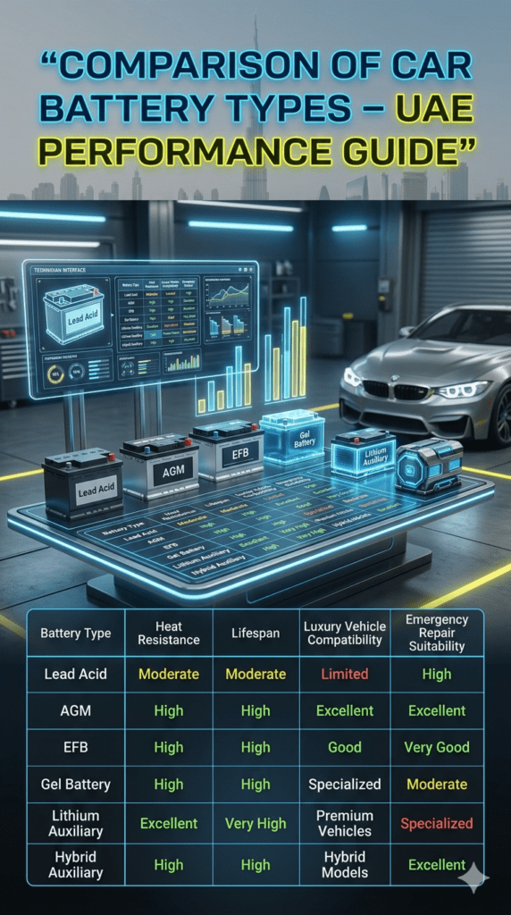 Battery Types Comparison โ Heat Resistance, Lifespan & Compatibility (UAE Guide) Comparison chart of car battery types in UAE showing heat resistance, lifespan, luxury compatibility, and emergency repair suitability for lead acid, AGM, EFB, gel, lithium, and hybrid batteries.