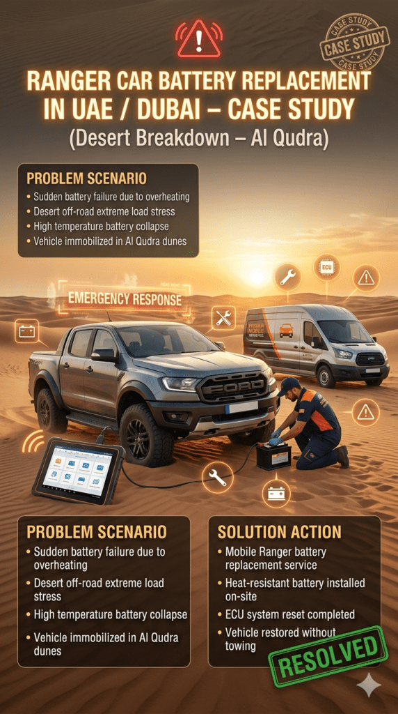 Ranger Car Battery Replacement UAE Dubai desert case study showing Ford Ranger breakdown in Al Qudra, mobile battery replacement, and ECU reset service