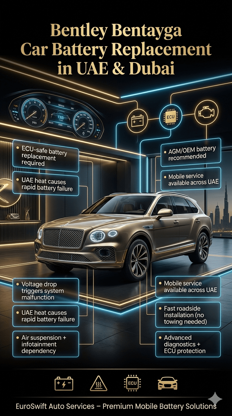 Luxury infographic showing Bentley Bentayga car battery replacement process in UAE with ECU protection, heat impact warnings, and mobile service features.