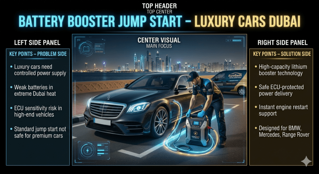 Luxury battery booster jump start service in Dubai showing technician using high-capacity lithium booster to safely start a premium car with ECU protection.