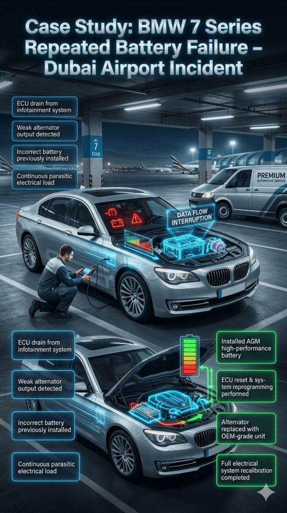BMW 7 Series battery failure case study at Dubai airport showing ECU drain, alternator issue, and successful AGM battery replacement with full system reset.
