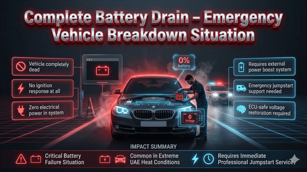 Futuristic emergency infographic showing complete car battery drain situation in Dubai with dead vehicle, no ignition response, and need for external jumpstart power boost.