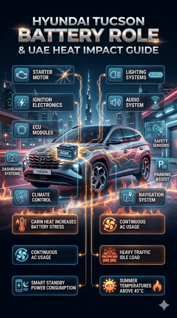 Hyundai Tucson Battery Role & UAE Heat Impact Guide Luxury automotive infographic showing a Hyundai Tucson SUV with a high-performance battery powering ECU systems, dashboard electronics, navigation, climate control, and safety sensors in Dubai heat conditions with futuristic animated technology visuals.