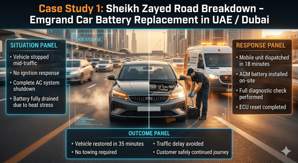 Emgrand car breakdown case study on Sheikh Zayed Road Dubai showing battery failure, emergency mobile replacement, AGM battery installation, and vehicle restoration.