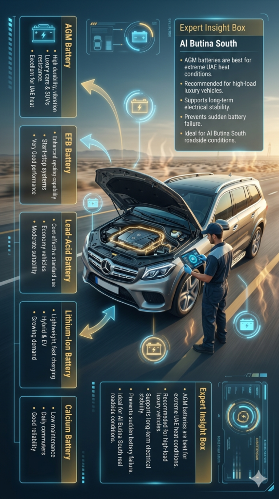 PREMIUM & GENUINE CAR BATTERY REPLACEMENT – AL BUTINA SOUTH Premium car battery replacement infographic in Al Butina South showing battery types including AGM, EFB, Lithium-ion, Lead-acid, and Calcium with luxury car and AI diagnostic service in UAE heat conditions.