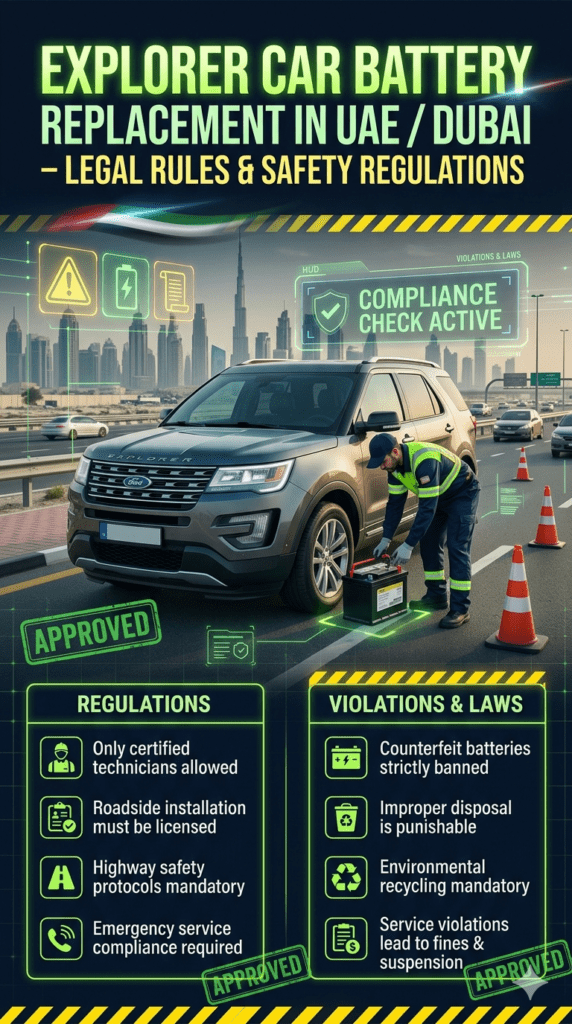 Explorer Car Battery Replacement in UAE / Dubai – Legal Rules & Safety Regulations Ford Explorer Car Battery Replacement UAE Dubai legal regulations infographic showing certified technicians, safety rules, battery disposal laws, and compliance requirements