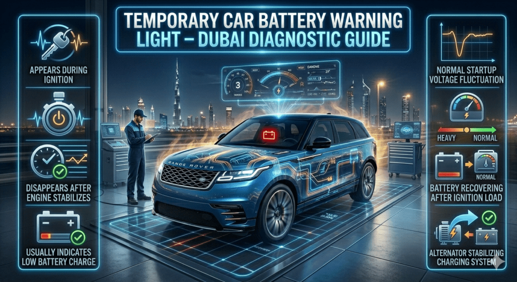 Luxury automotive infographic showing temporary car battery warning light in Dubai, with premium car dashboard ignition sequence, brief warning icon activation, and side panels explaining startup behavior and battery recovery.