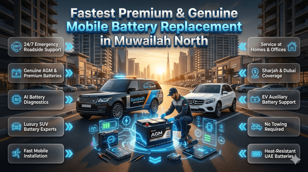 Professional mobile battery replacement service in Muwailah North with luxury SUV roadside assistance, AGM battery installation, AI diagnostics, and EuroSwift Auto Services technician in UAE.