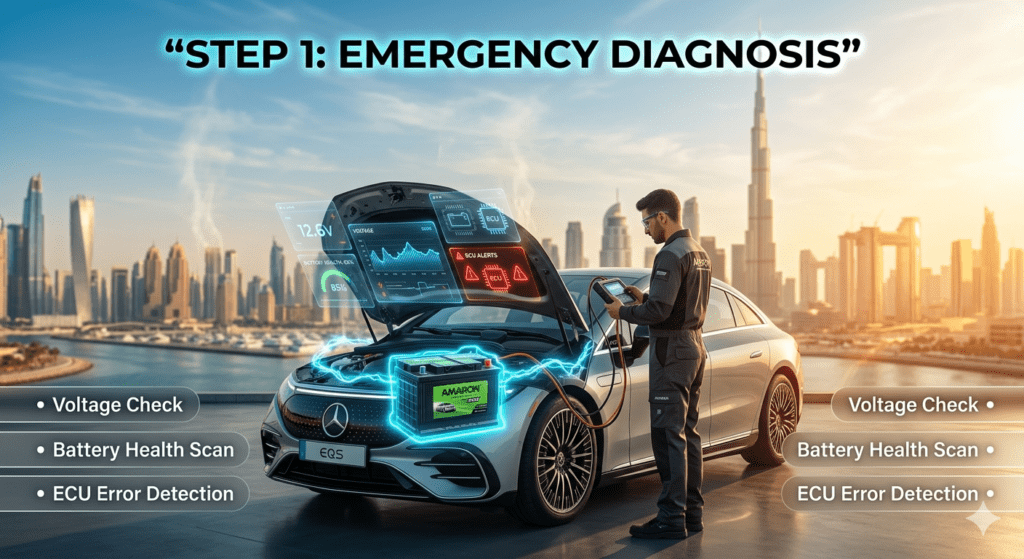 Technician performing emergency car battery diagnosis in Dubai showing voltage check, battery health scan, and ECU error detection on a luxury vehicle.