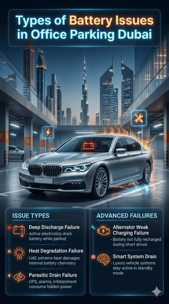 Luxury car battery diagnostic infographic showing different types of battery failure in Dubai office parking including heat damage, deep discharge, and parasitic drain issues.