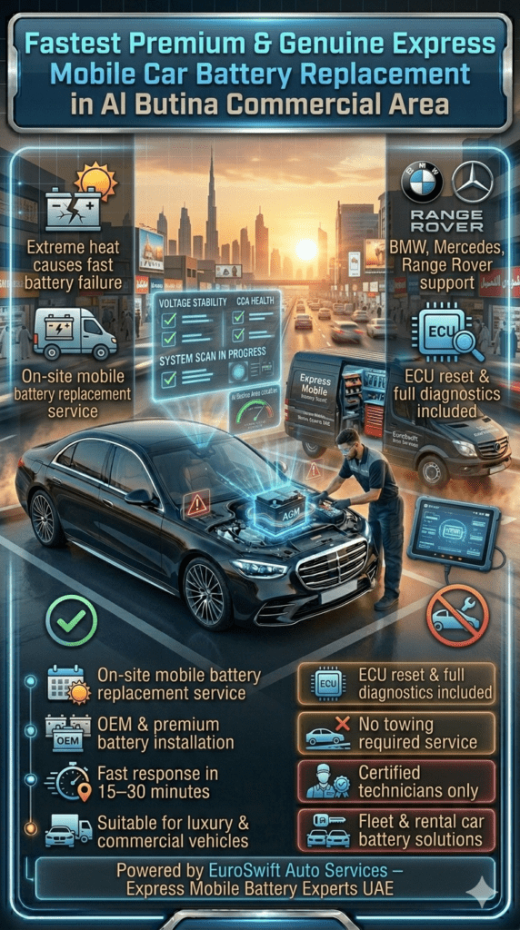 Mobile car battery replacement service in Al Butina Commercial Area showing technician installing battery in luxury vehicle with commercial street background and diagnostic equipment.