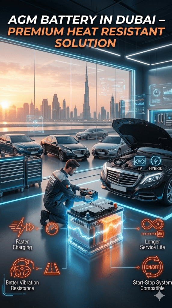 Premium AGM car battery installation in Dubai highlighting heat resistance and performance benefits for luxury and start-stop vehicles.