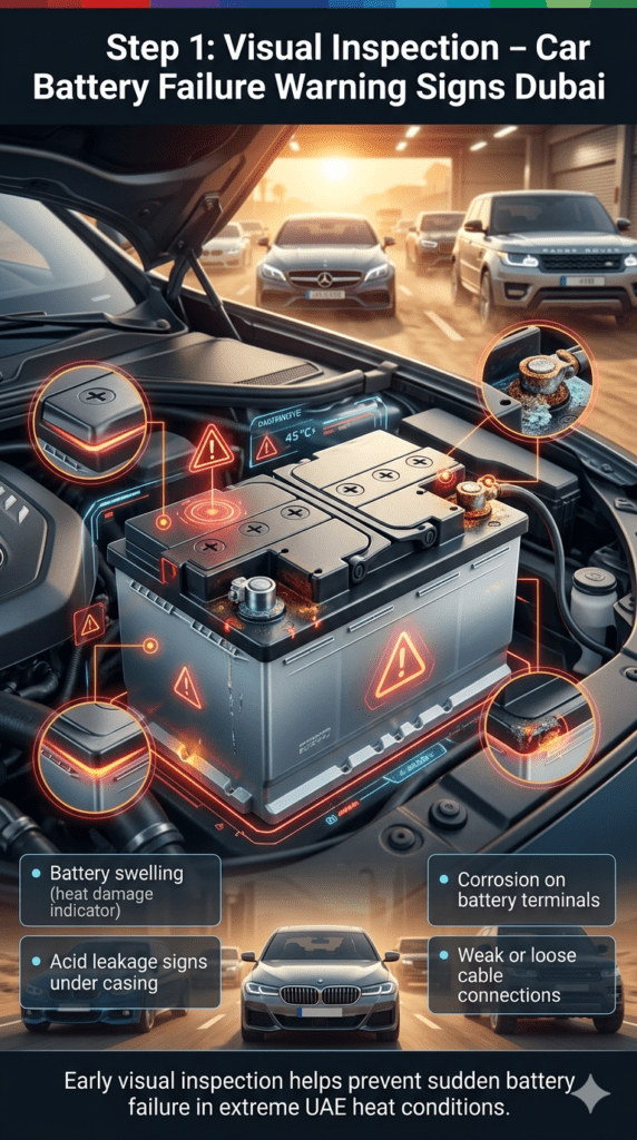Premium automotive infographic showing Step 1 visual inspection of car battery failure signs including swelling, corrosion, and acid leakage in a futuristic Dubai diagnostic guide.
