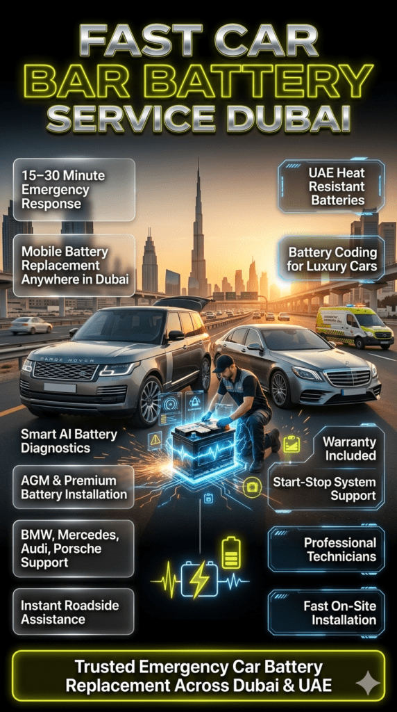 Luxury Dubai roadside car battery replacement service infographic showing premium vehicles, mobile battery technician, AGM battery installation, AI diagnostics, and emergency roadside assistance in UAE heat conditions.