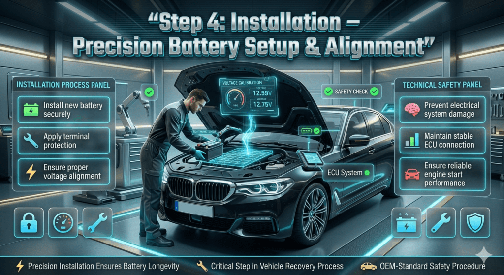 Futuristic automotive infographic showing step 4 battery installation including secure fitting, terminal protection, and voltage alignment in Dubai workshop.