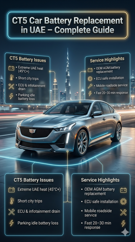 Luxury Cadillac CT5 infographic showing car battery replacement guide in UAE with heat issues, ECU system load, and professional battery service highlights in Dubai city background.