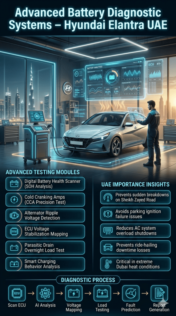Futuristic automotive infographic showing advanced battery diagnostic systems for Hyundai Elantra in UAE including SOH analysis, ECU mapping, and AI-based testing.