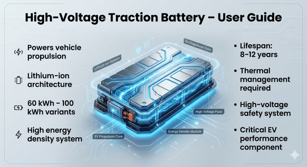 Futuristic EV infographic showing high-voltage traction battery system with lithium-ion architecture, propulsion function, capacity range, and lifespan details in a clean technical user guide layout.
