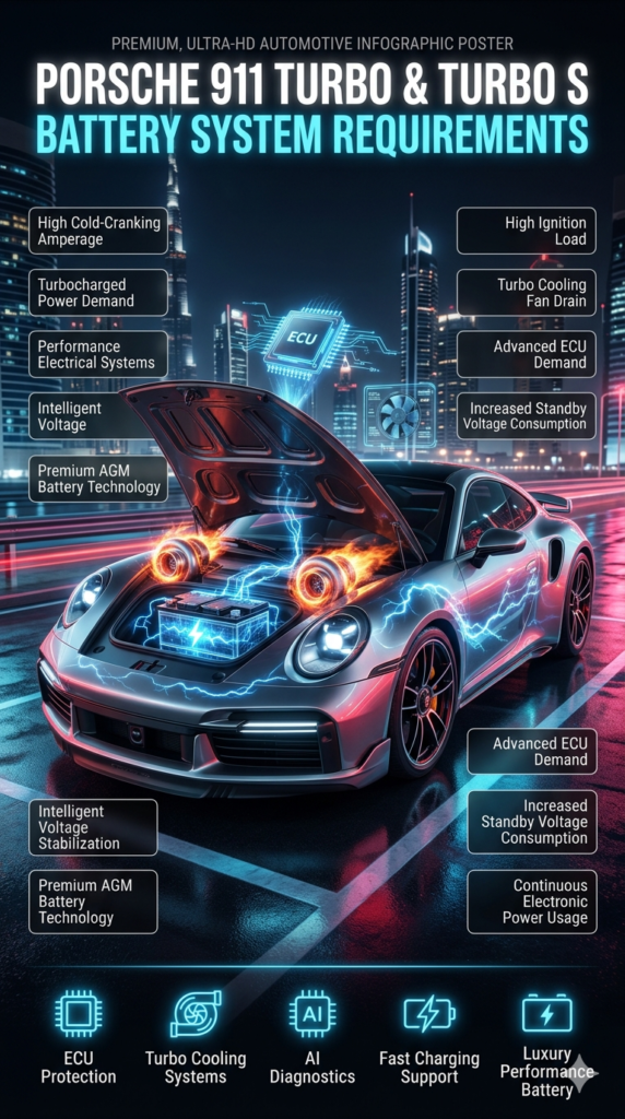 Porsche 911 Turbo & Turbo S Battery System Requirements Premium Porsche 911 Turbo S infographic showing AGM battery technology, turbo cooling systems, ECU demand, voltage stabilization, and luxury performance electrical systems.