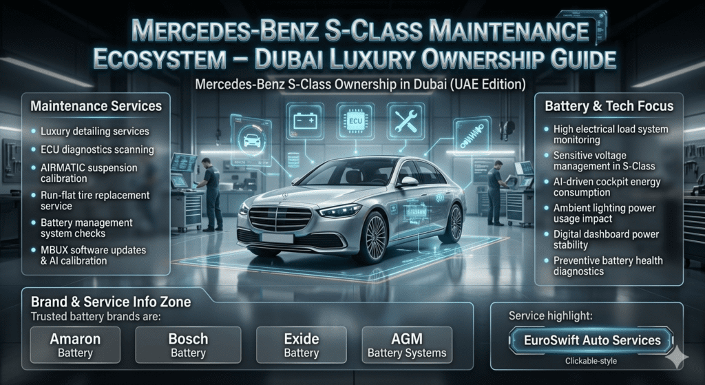Luxury automotive infographic showing Mercedes-Benz S-Class in Dubai workshop with maintenance systems, ECU diagnostics, battery brands, and service ecosystem explained in futuristic layout.