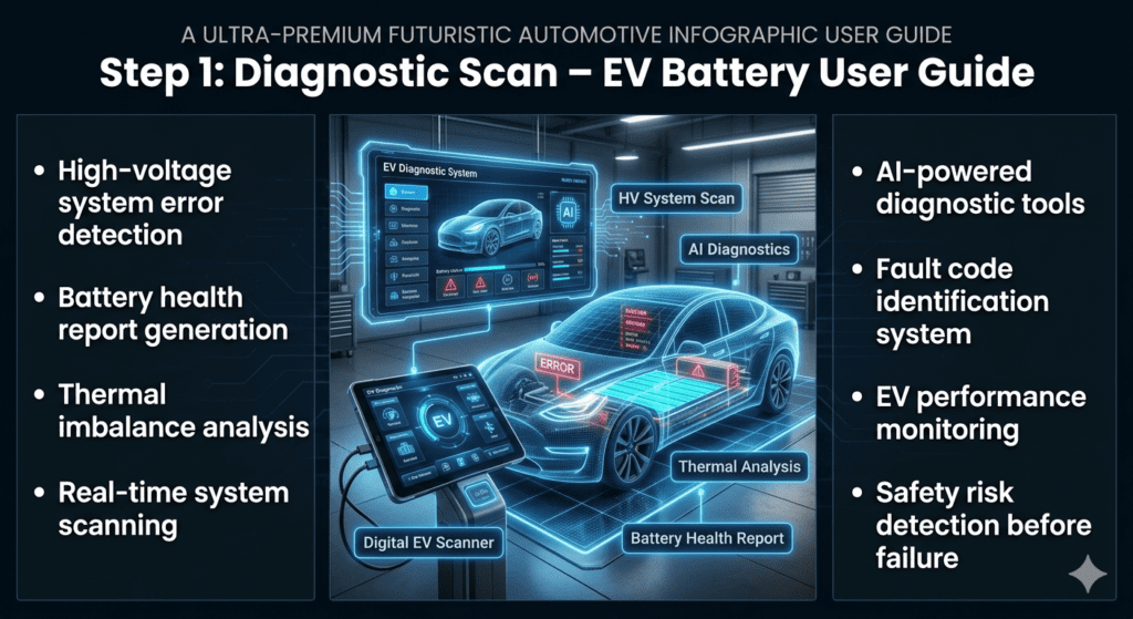 Futuristic EV diagnostic scan infographic showing high-voltage battery error detection, health report generation, and thermal imbalance analysis using AI-based vehicle scanning system.