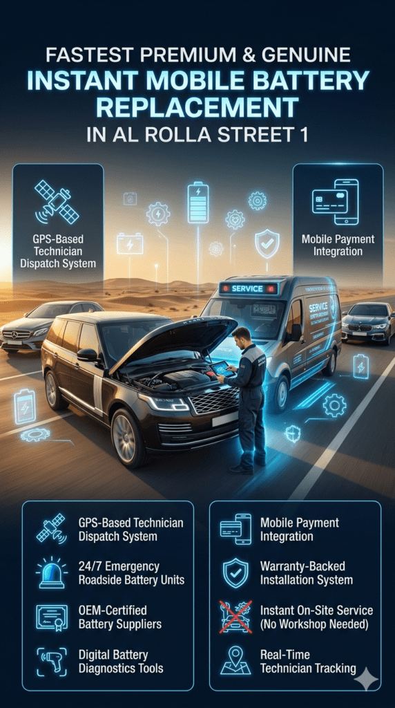 Luxury mobile battery replacement service ecosystem infographic in Al Rolla Street Dubai showing technician working on premium car with GPS dispatch, diagnostics, payment, and warranty systems listed on sides.