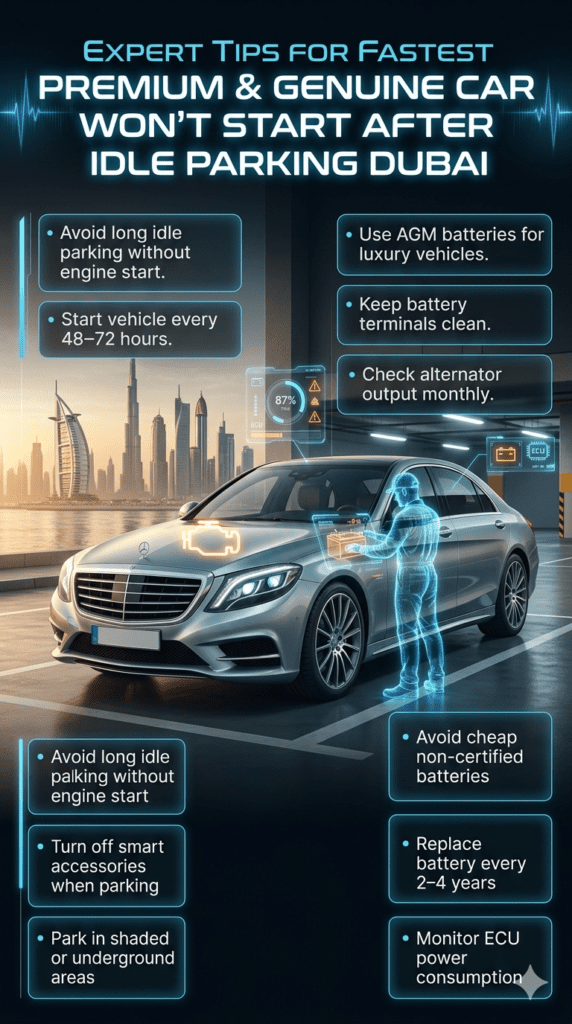 Futuristic infographic showing expert tips for preventing car battery failure in Dubai including maintenance, driving habits, and luxury vehicle care guidance.
