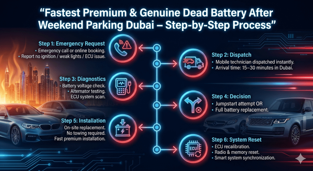 Step-by-step infographic showing emergency car battery replacement process in Dubai including call, dispatch, diagnostics, installation, and ECU reset.