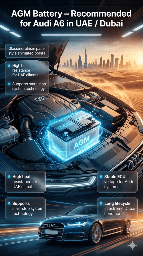 Premium infographic showing AGM Battery recommended for Audi A6 in UAE with luxury engine bay, highlighting heat resistance, ECU stability, and long battery life.