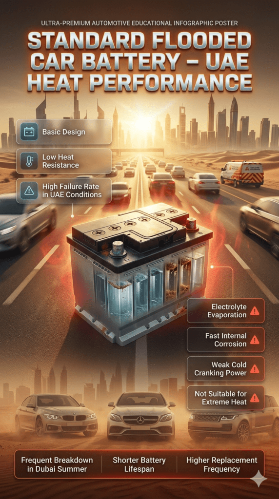 Standard Flooded Battery Performance in UAE Heat Automotive infographic showing standard flooded battery with basic design, low heat resistance, and high failure rate in UAE hot climate conditions.