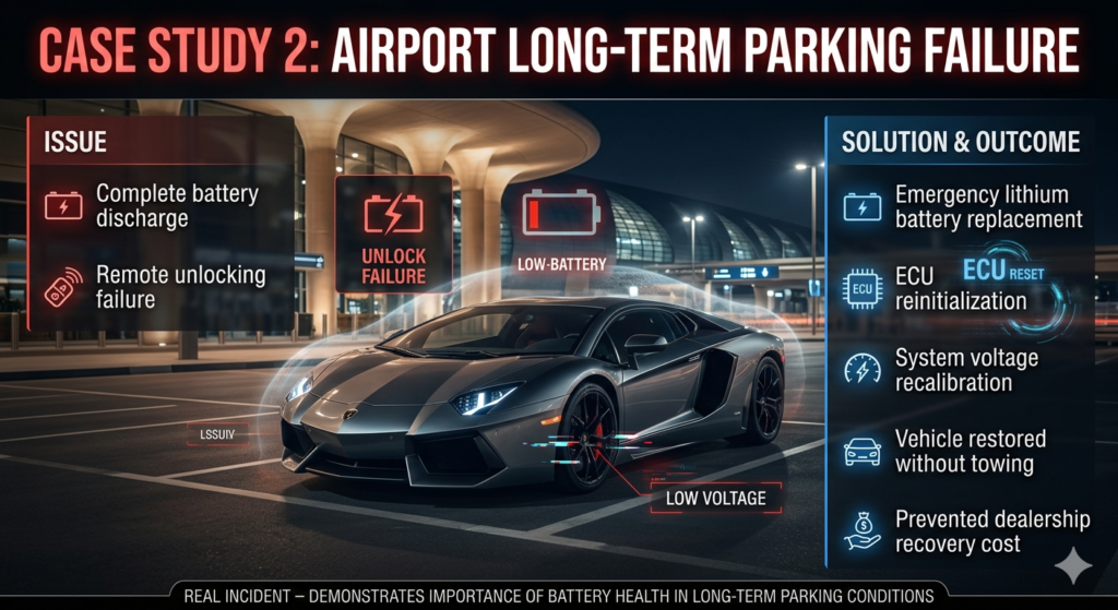 Premium infographic showing case study of Lamborghini Aventador battery failure at Dubai airport long-term parking with issue, solution, and recovery outcome details.