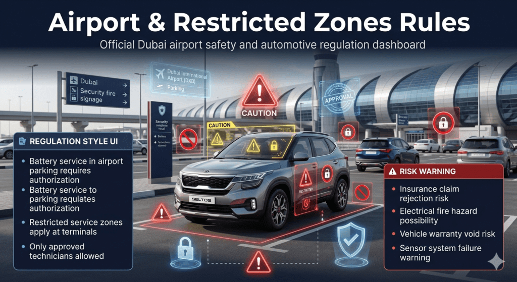 Airport & Restricted Zones Rules – Kia Seltos Battery Service UAE Compliance Guide Kia Seltos battery service rules in Dubai airport restricted zones showing authorization requirements and risks like insurance rejection and sensor failure.