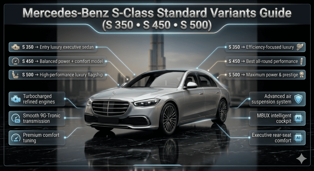 Luxury infographic showing Mercedes-Benz S-Class centered with Dubai background and side panels explaining S 350, S 450, and S 500 variants with features and comparison points.