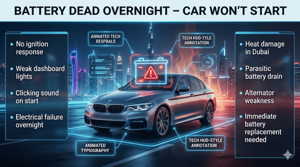 Luxury car breakdown infographic showing “battery dead overnight car won’t start” symptoms with warning icons, Dubai heat impact, and emergency battery replacement guide.