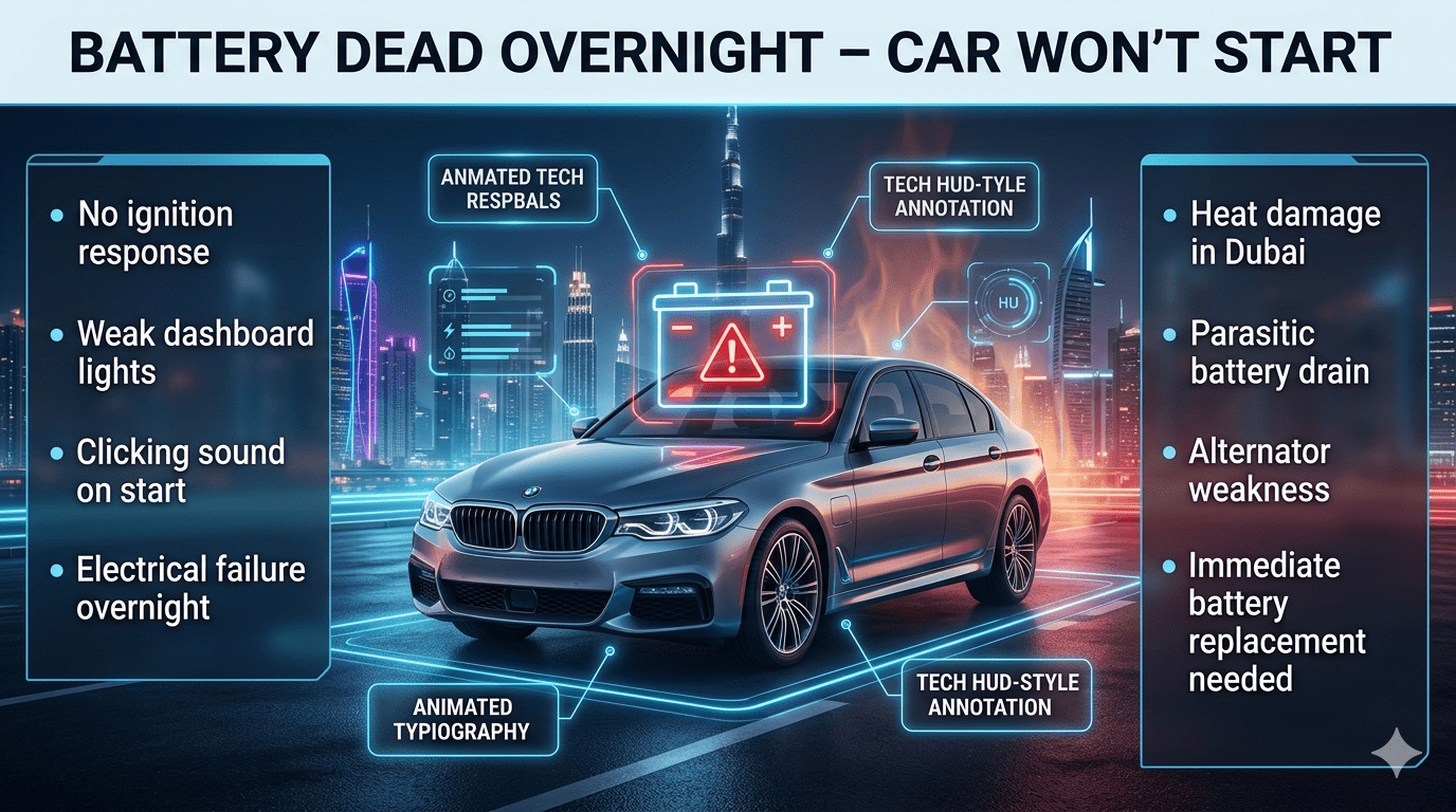 Luxury car breakdown infographic showing “battery dead overnight car won’t start” symptoms with warning icons, Dubai heat impact, and emergency battery replacement guide.
