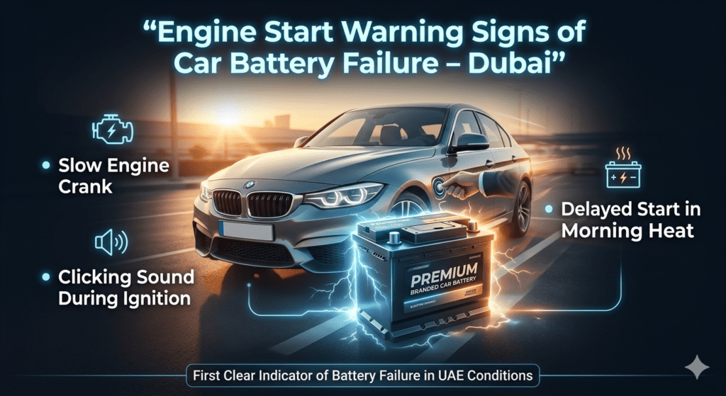 Infographic showing early engine start battery warning signs in Dubai including slow engine crank, clicking ignition sound, and delayed start with a luxury car and glowing battery.