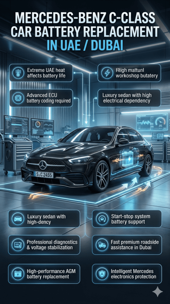 Mercedes-Benz C-Class battery replacement infographic in Dubai showing luxury sedan service with ECU coding, AGM battery installation, digital diagnostics, and premium automotive maintenance in UAE heat conditions.