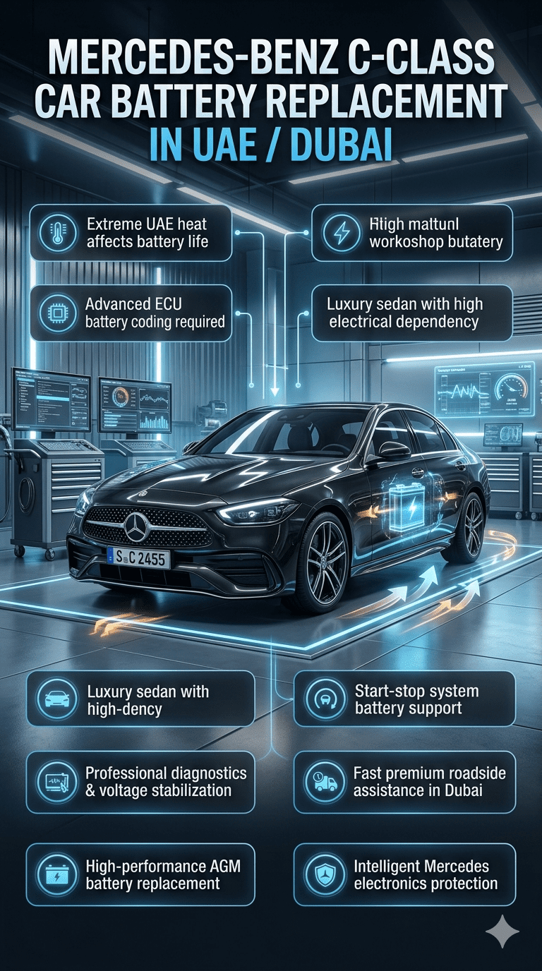 Mercedes-Benz C-Class battery replacement infographic in Dubai showing luxury sedan service with ECU coding, AGM battery installation, digital diagnostics, and premium automotive maintenance in UAE heat conditions.