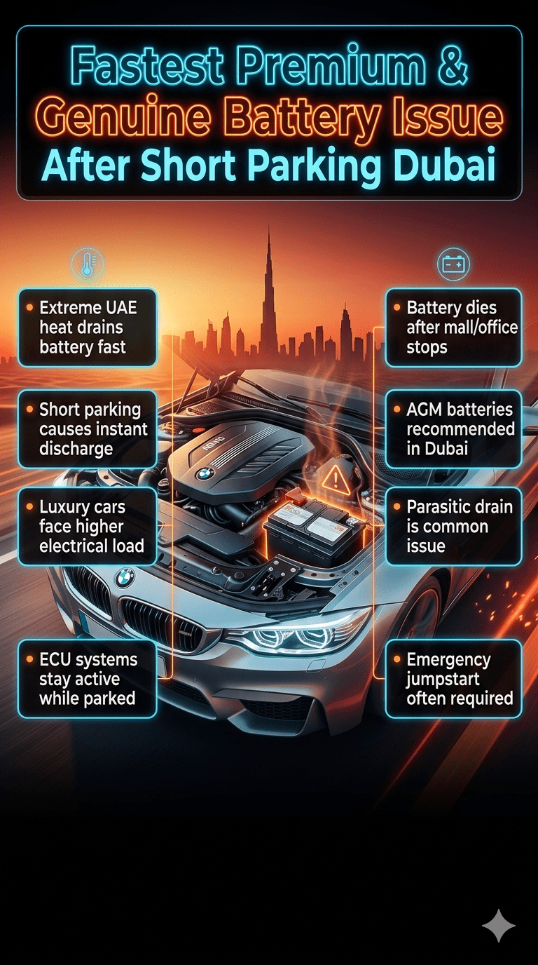 Luxury car battery failure infographic showing Fastest Premium & Genuine Battery Issue After Short Parking in Dubai with heat effect, warning signs, and emergency roadside breakdown concept.