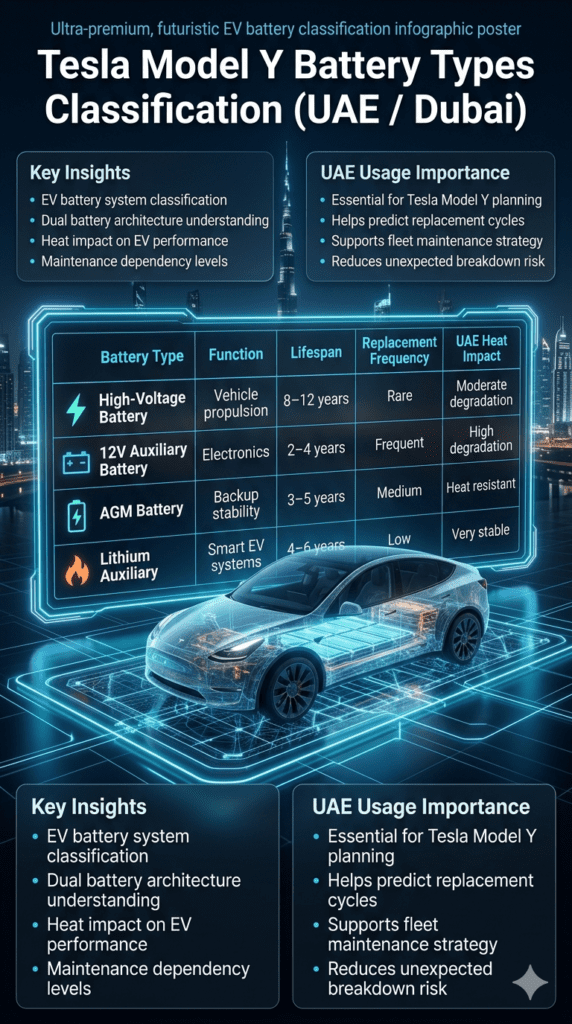 Tesla Model Y Battery Types & UAE Heat Impact Guide β EV Classification System Futuristic Tesla Model Y battery classification table showing high-voltage, 12V, AGM, and lithium auxiliary systems with UAE heat impact analysis.